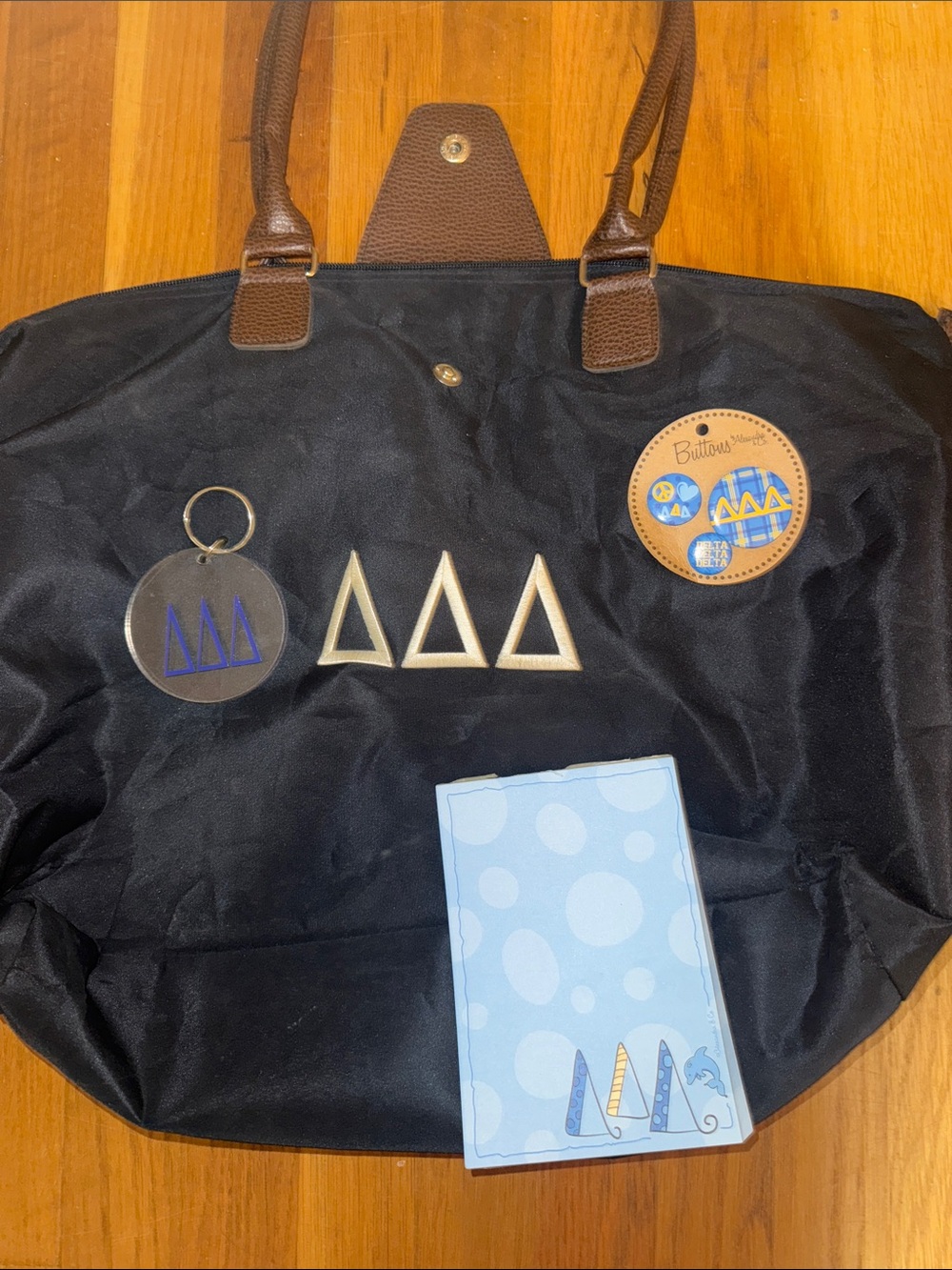 Tri Delta Navy Tote Bag with Brown Handles